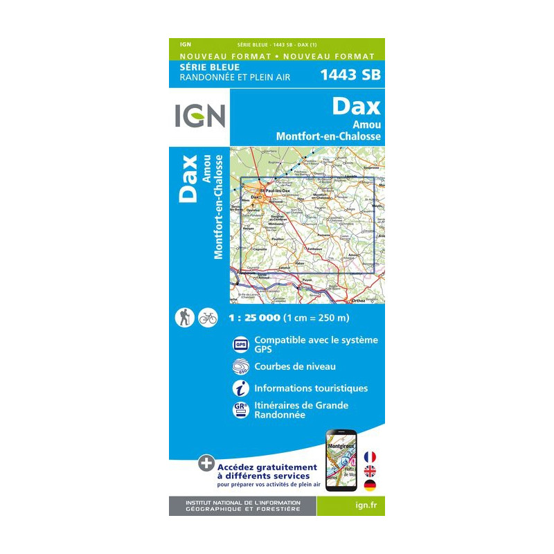 Achat Carte randonnées IGN - 1443 SB - Dax/Amou/Montfort en Chalosse